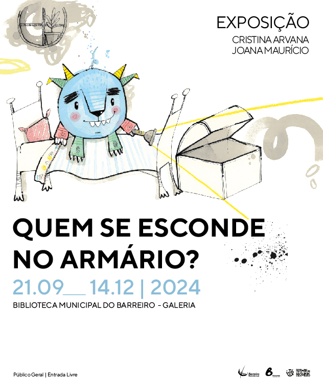 Cartaz da exposição “Quem se esconde no armário?” com ilustração de Cristina Arvana e Joana Maurício