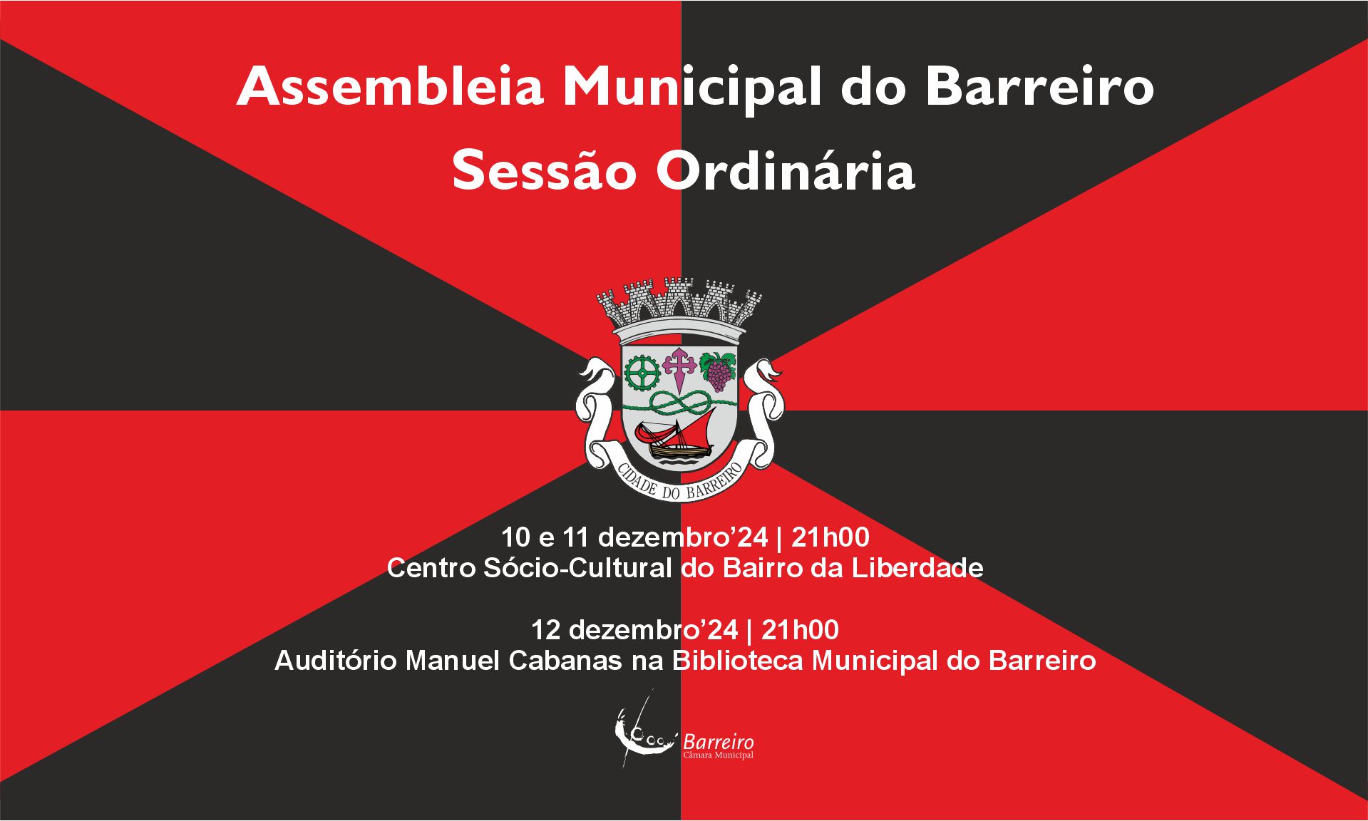 Cartaz da Sessão Ordinária da Assembleia Municipal do Barreiro a 10, 11 e 12 de dezembro